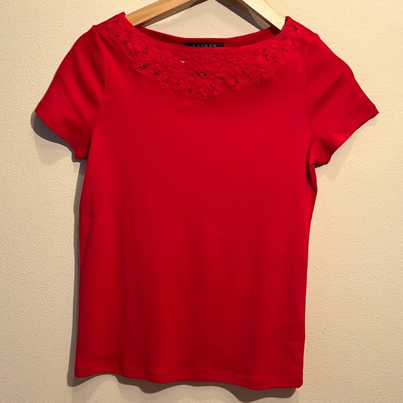 Ralph Lauren red tee top with lace front - Picture 3 of 7